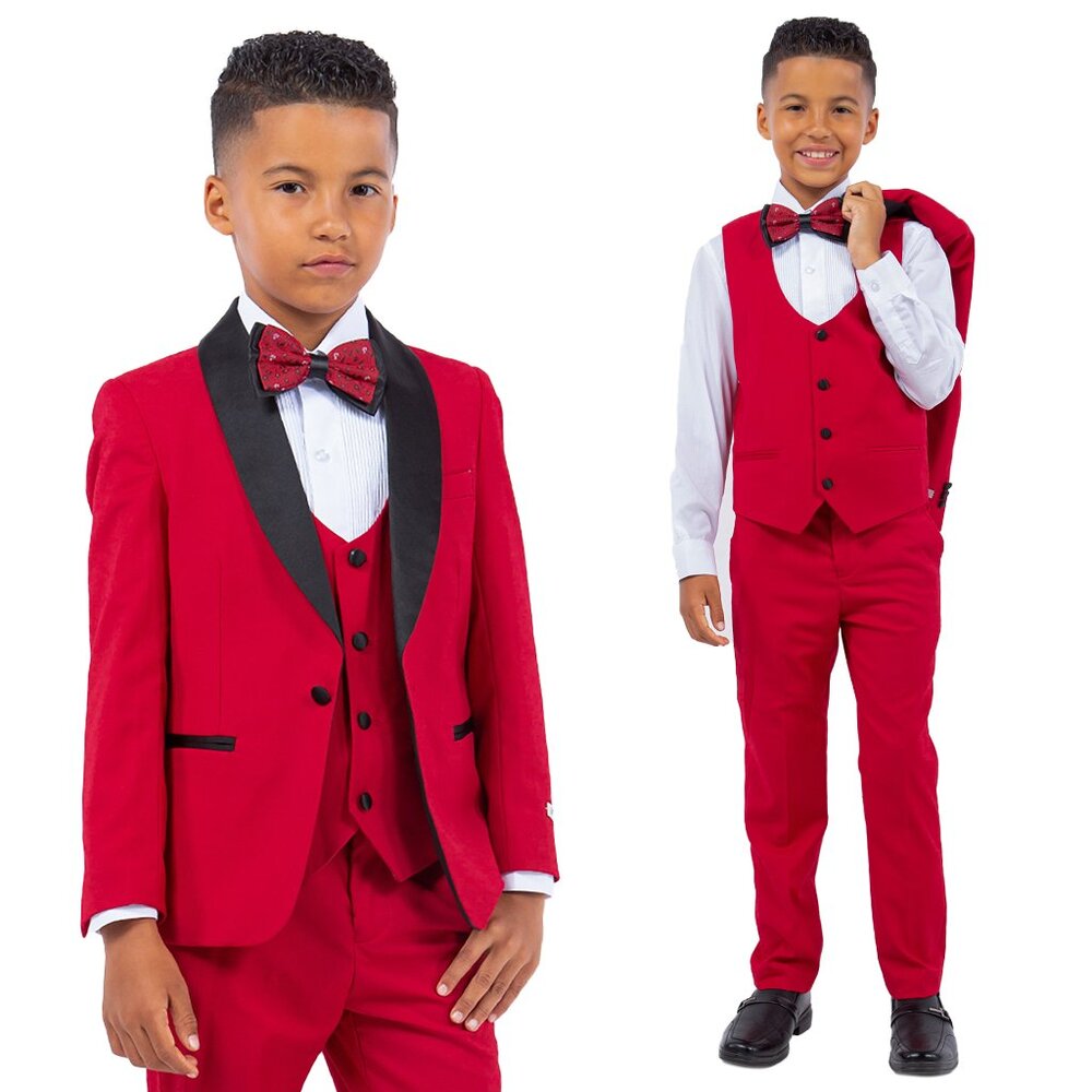 Stacy Adams Boys Red Tuxedo Set, 5-Piece Black Shawl Collar